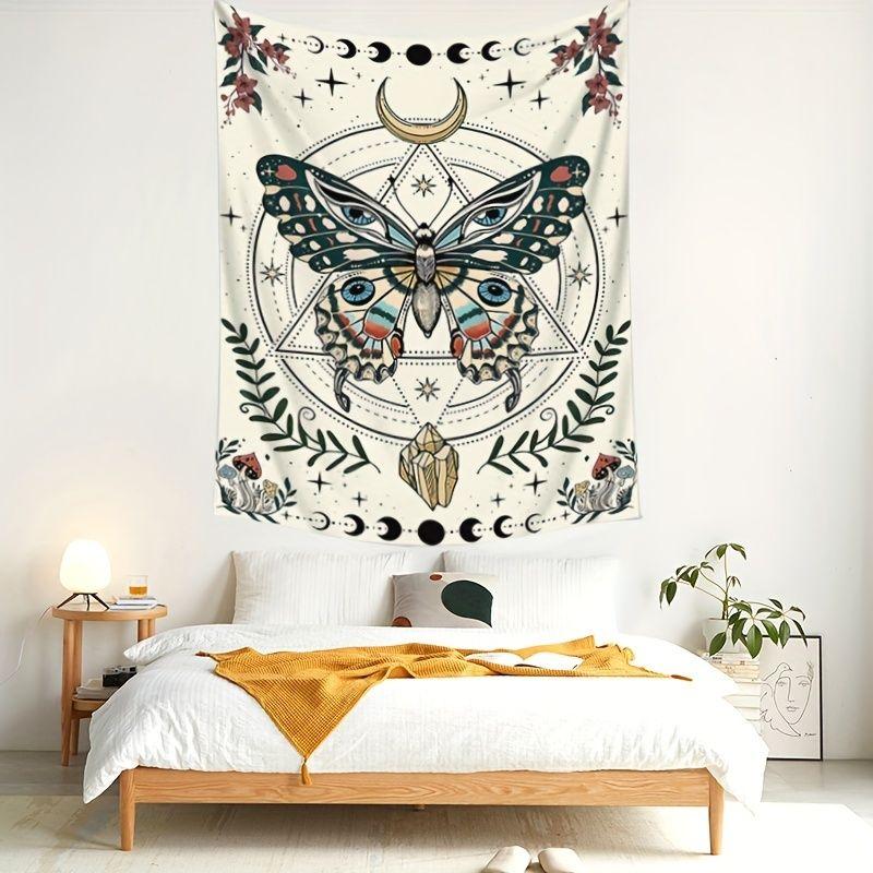 Vintage Retro Butterfly Moon Phase Hexagram Mysterious Tarot Tapestry, Occult Wall Art for Bedroom Living Room