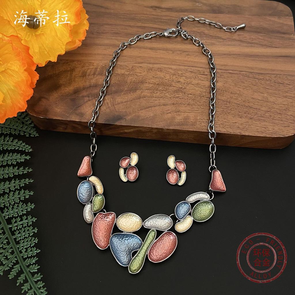 Farbe Malerei Öl Geometrisch Vergoldet Halskette Ohrringe Set Mode Damen Premium Blütenblatt Accessoires