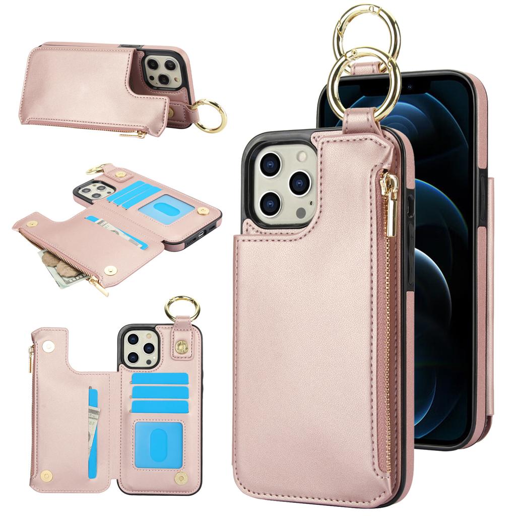 Applicable to iPhone16 mobile phone case, Samsung S24 solid color double buckle ring zipper wallet case A55 anti-drop leather case