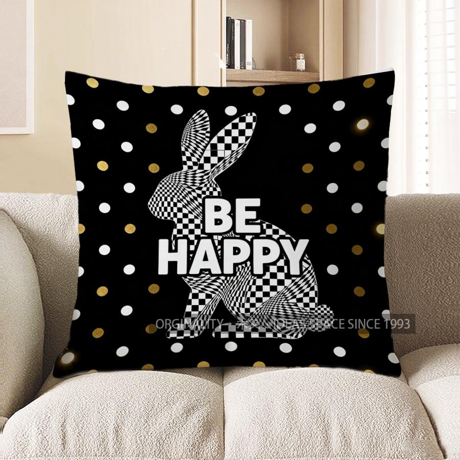2D Checkered Bunny: Be Happy Polka Dot Pillow Pattern Cushion Cover Suitable For Sofa Bedroom Car Pillow Cover
