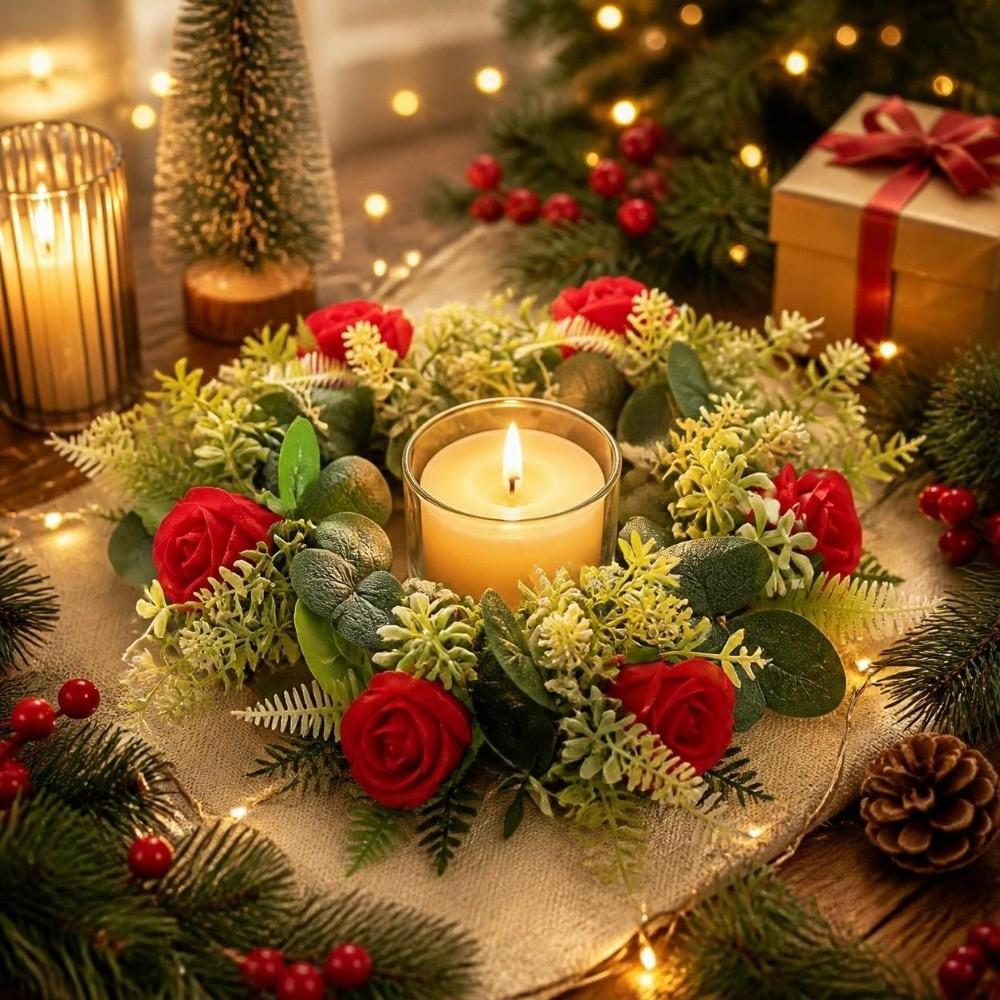 Portavelas de Pilar Rosa Hojas Verdes Artificiales Anillos de Velas Navideños Fiesta