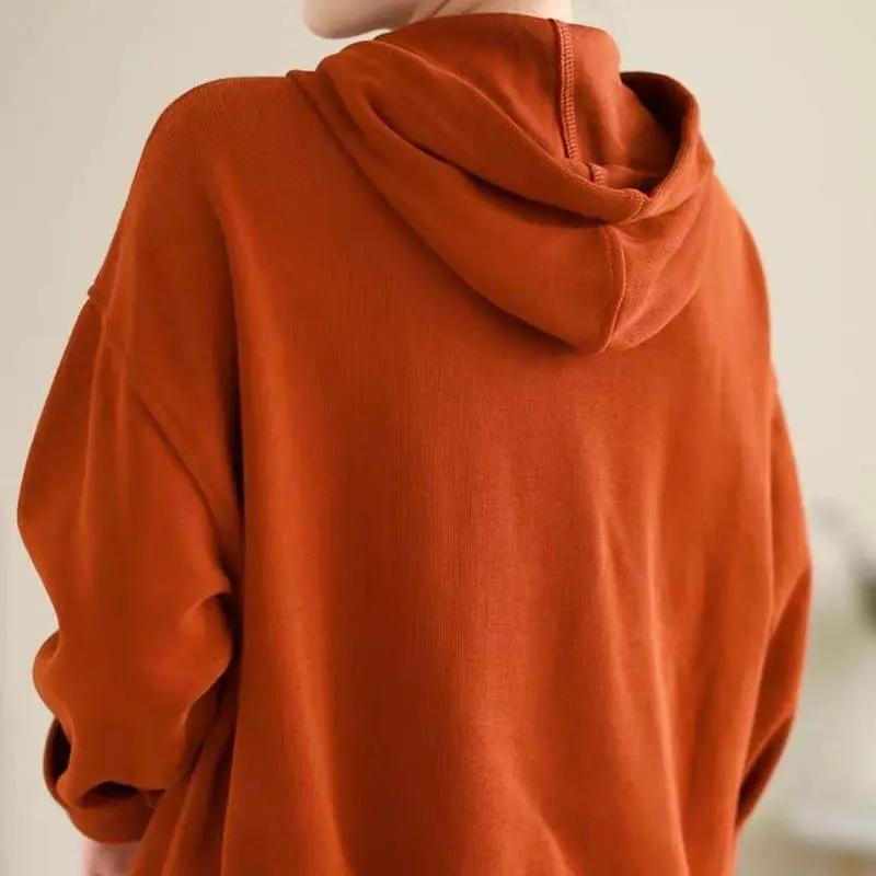 Women's Solid Color Jackets Autumn Spring Hooded Pockets Loose Cardigan Korean Fashion Lady Blouse Coat