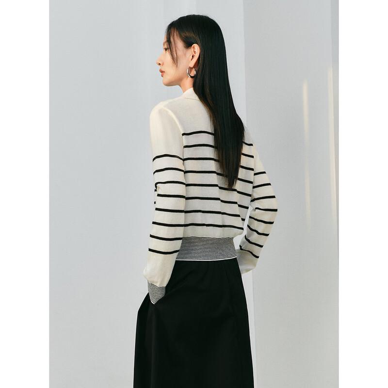 PEACEBIRD Women's Slim-Fit Color-Block Stripe Lapel Knit Sweater