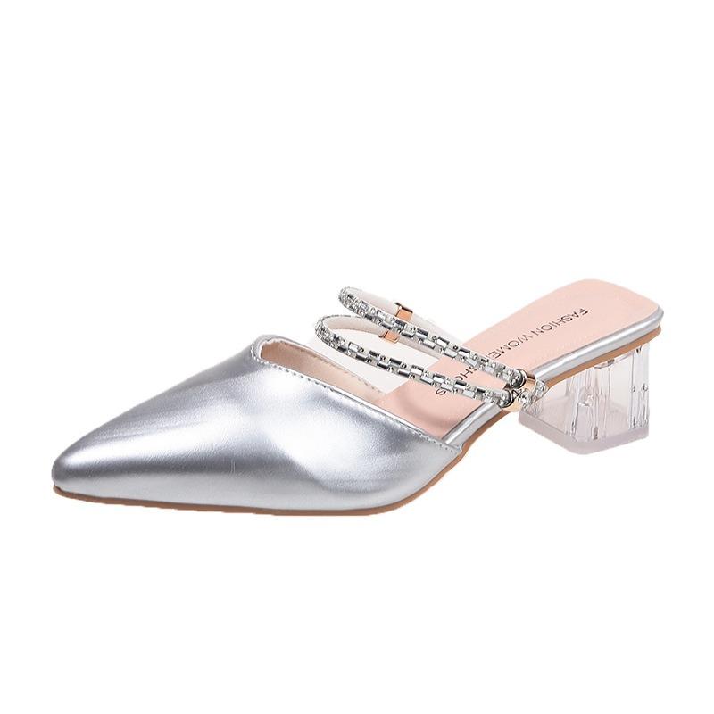 Fashion pointed high heel cool slippers women's summer new thick heel rhinestone two wear sandals lady bag head half slippers