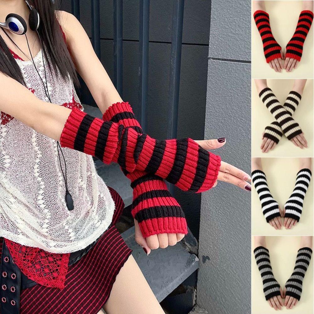 Long Striped Knitted Arm Sleeves Lolita Arm Warm Gloves Arm Cover Long Fingerless Gloves JK