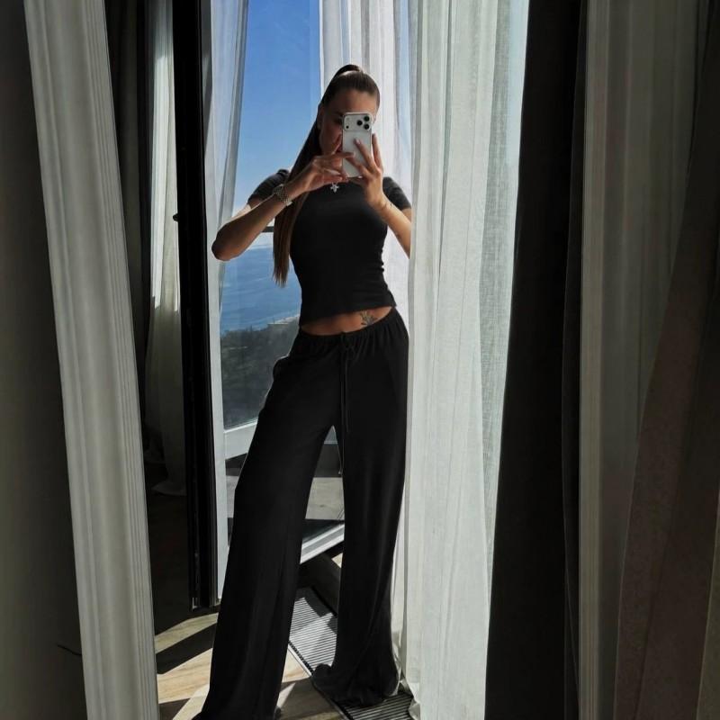 Womens Casual 2-Piece Set: Slim Fit Round Neck Short Sleeve Tee High-Waist Drawstring Wide Leg Pants
