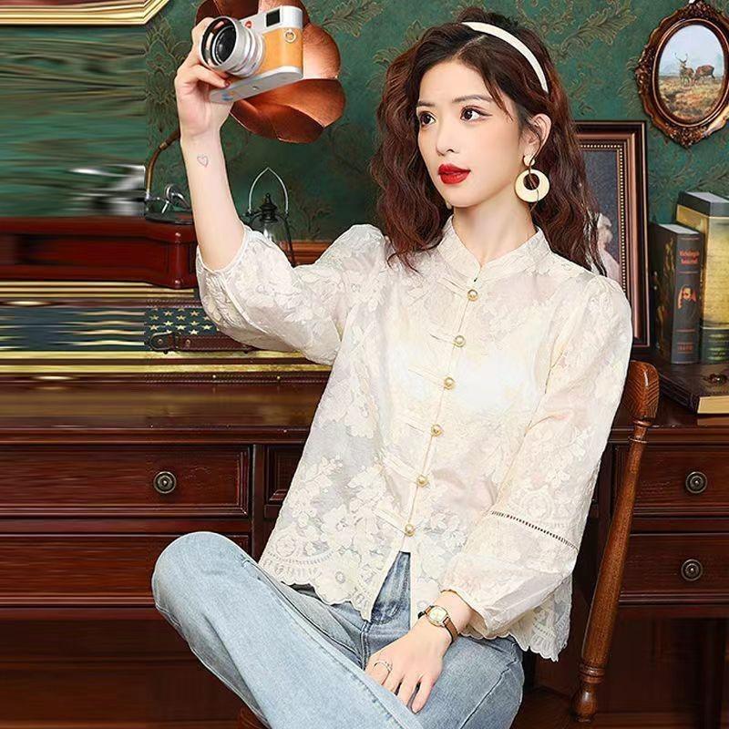 Spring Buckle Embroidered Stand-up Collar Lace Long-sleeved Shirt 2025 New Temperament Top Retro Women