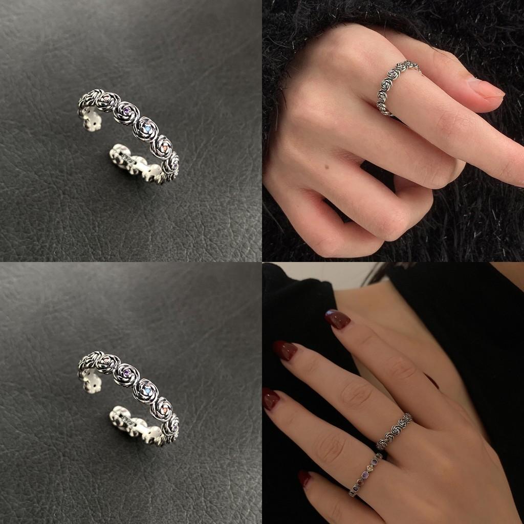 Pure Stunning S925 Silver Colorful Zirconia Retro Floral Ring With Adjustable Size For Women