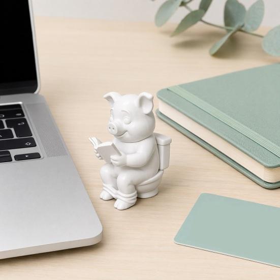 Yousheng 3D Printed Pig Statue, Mini Pig Figurine with Matte Frosted Surface, Dirt Resistant Cute Piglet Reading On Toilet