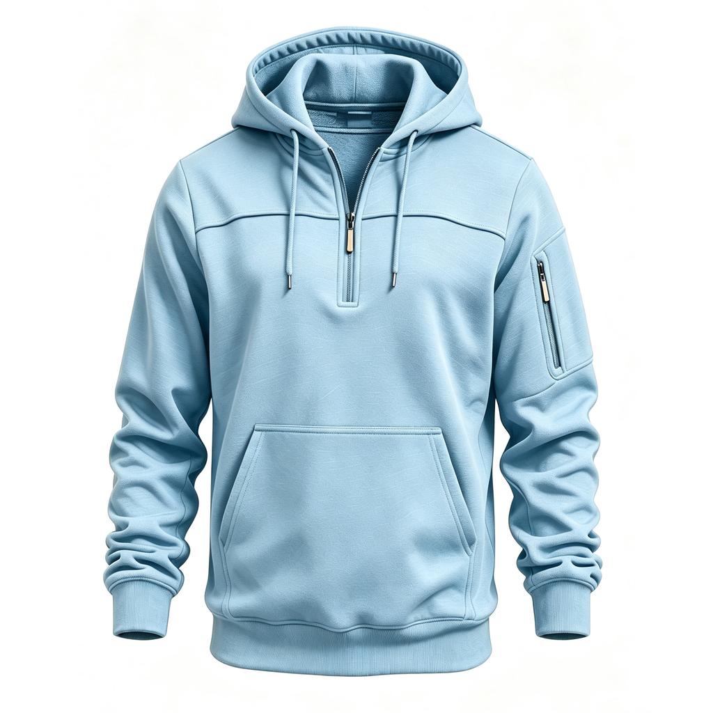 Sky blue Men's Half Zip Hoodie Solid Color Long Sleeve Pullover Sweatshirt Casual Outdoor Hooded Tops With Pocket Autumn Winter