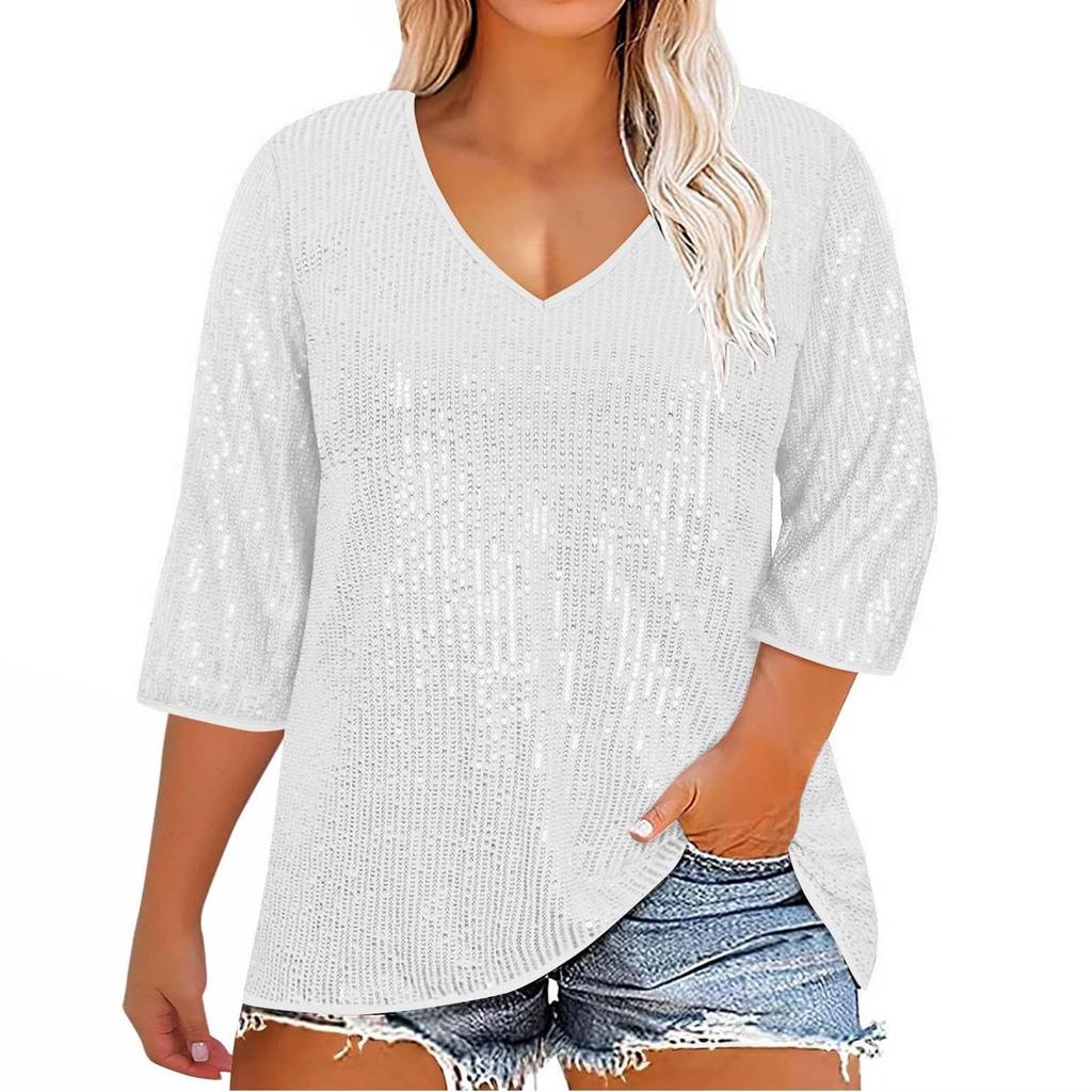 Women's Loose Large Size Solid Color Sequined V-Neck Three-quarter Sleeve T-Shirt Top