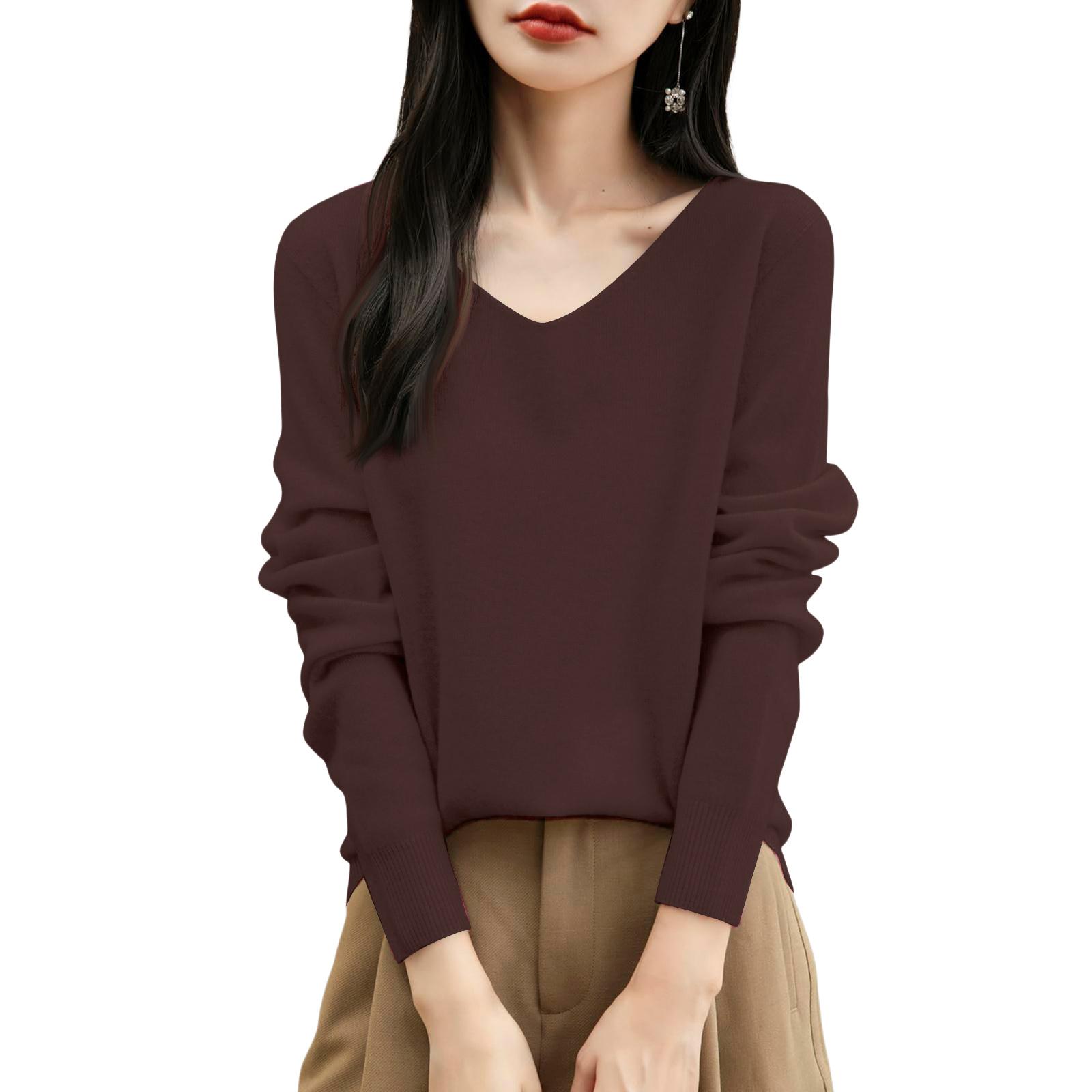 

Women s Fashion Flat-Knit V-Neck Pullover Sweater Solid Color Long-Sleeve Top XL кофейный