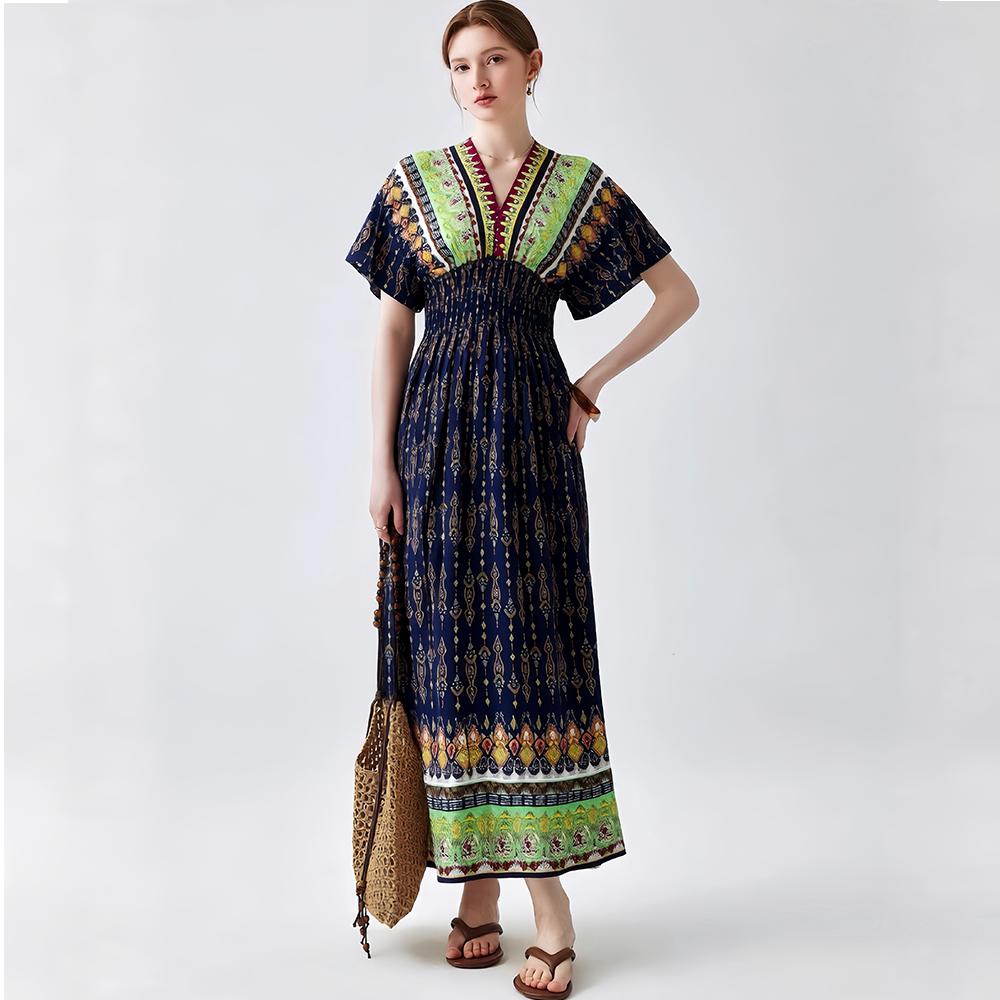 Bohemian-Style Cotton-Silk V-Neck Batwing Print Dress Summer Casual Vacation Beach Dress