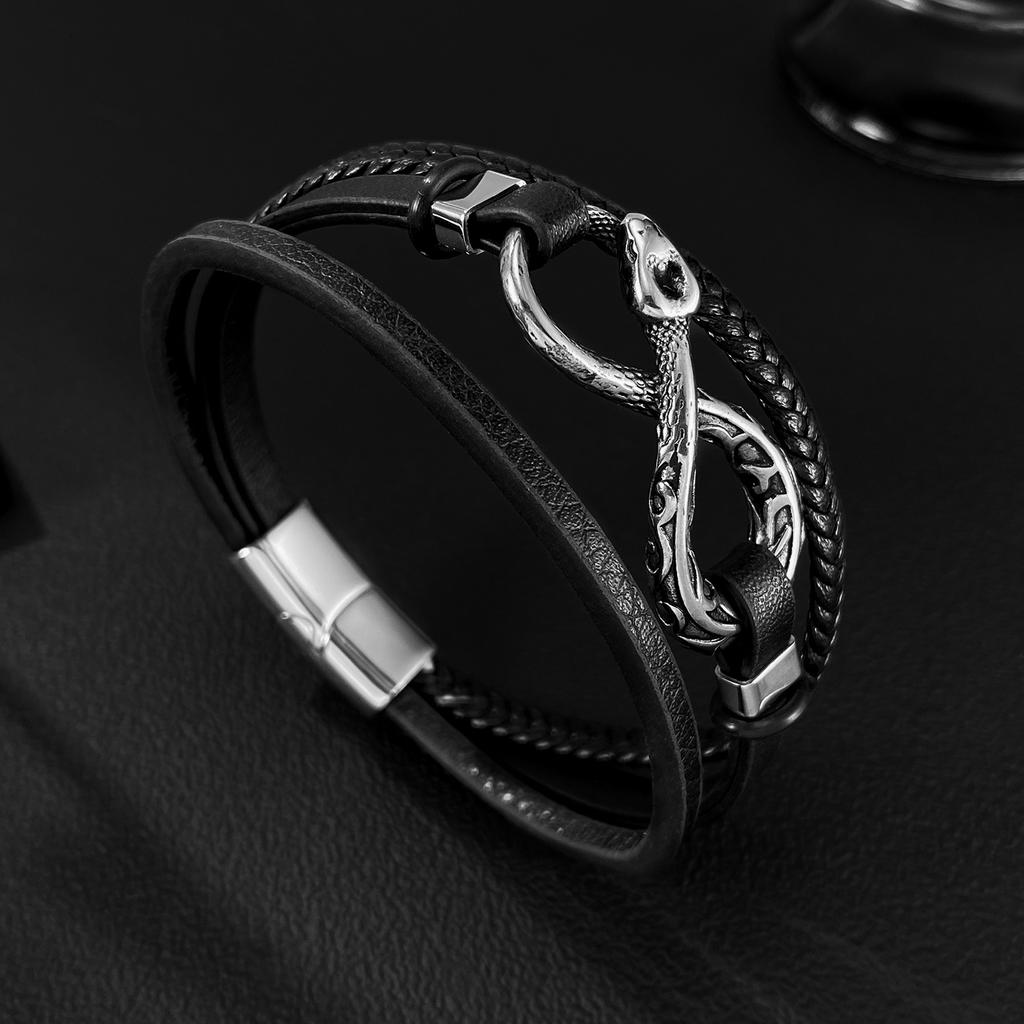Retro Style Leather Bracelet Men's Stainless Steel Personality Trend Multi-layer Woven Snake Shaped Titanium