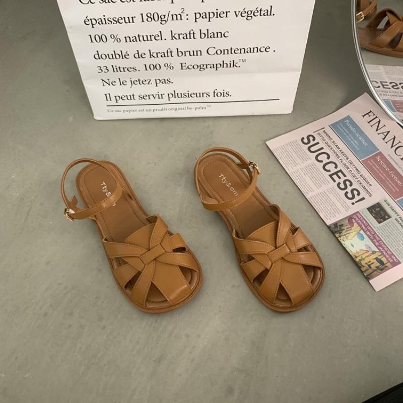 

Модные сандалии женские, летние, новинка 2024 года, шикарные ретро-сандалии с полым носком, женские плоские простые сандалии с круглым носком, плетеные римские сандалии 39 темные хаки