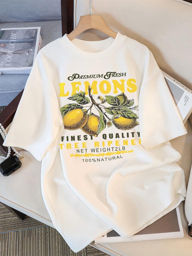 Lemons Fruits Premium Print Women's Loose Cotton Sportswear Round Neck Casual T-Shirt Loose Y2k Fresh Short Sleeve