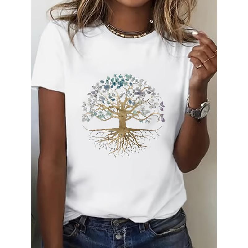 Plus Size Women's Tree of Life Print, Casual Round Neck Short Sleeve T-shirt