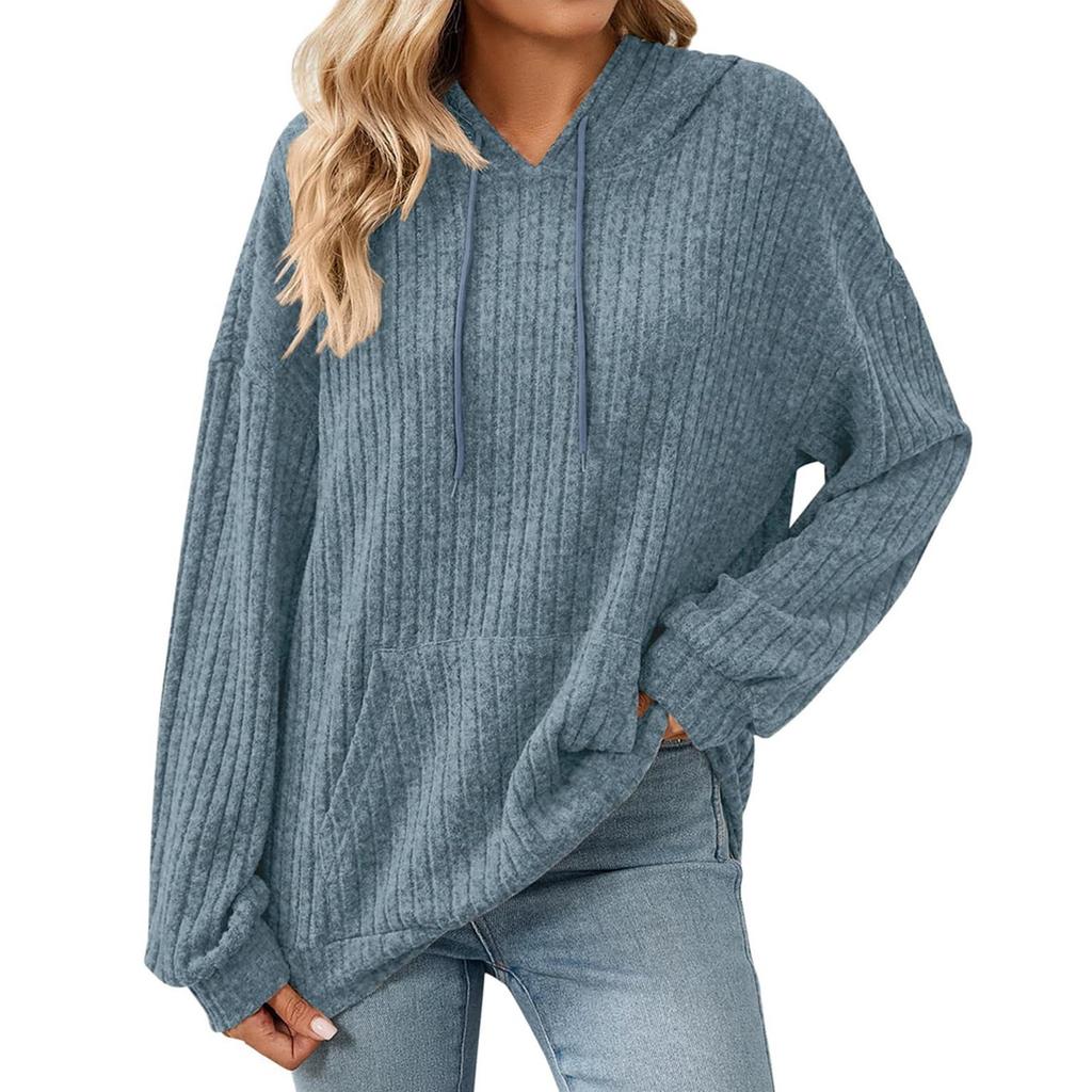 Damen Modischer Lockerer Langärmliger Kapuzenpullover mit Kordelzug und Tasche, Einfarbiges Oberteil