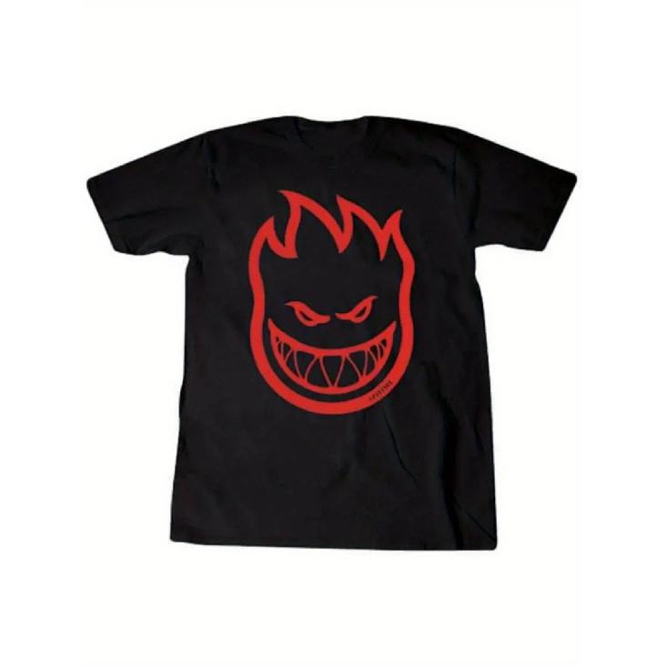 Men's Spitfire Graphic T-Shirt 100% Cotton Black with Red Flame Print - Breathable Streetwear Short Sleeve Round Neck Casual & Skateboarding Shirt,