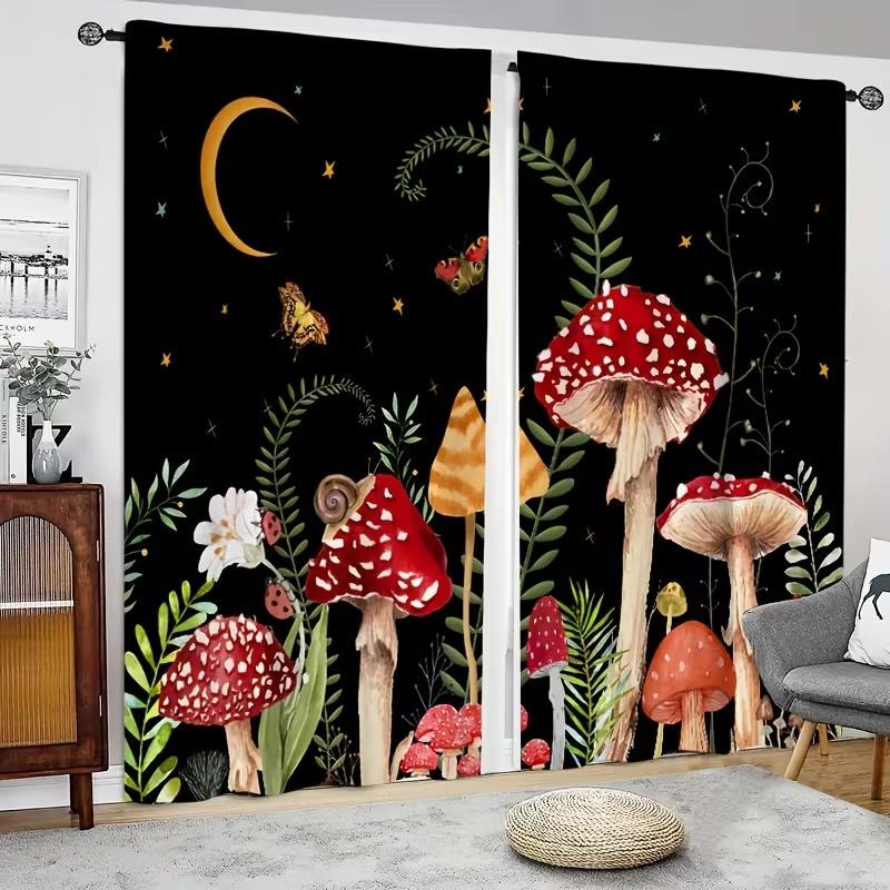 2 Pcs Mushroom Grass Print Curtains,suitable for Bedroom,living Room Kitchen Decoration,home Decoration,window Decoration