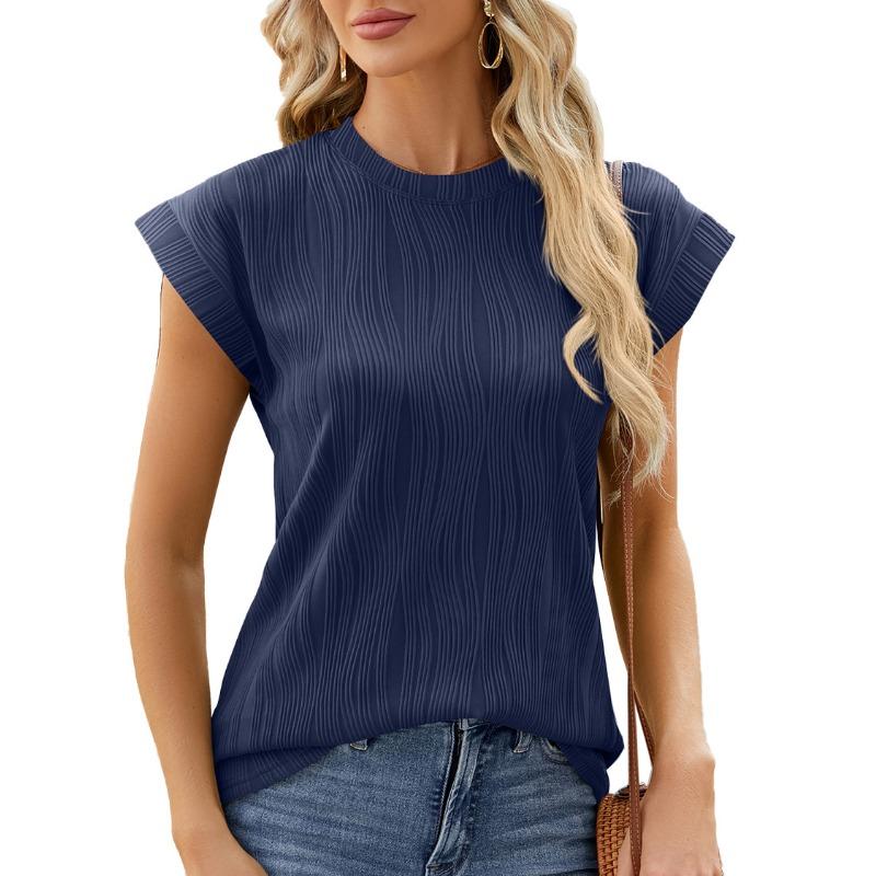 Women's Summer Solid Color Crew Neck Cover Shoulder Sleeve T-shirt Top Vest