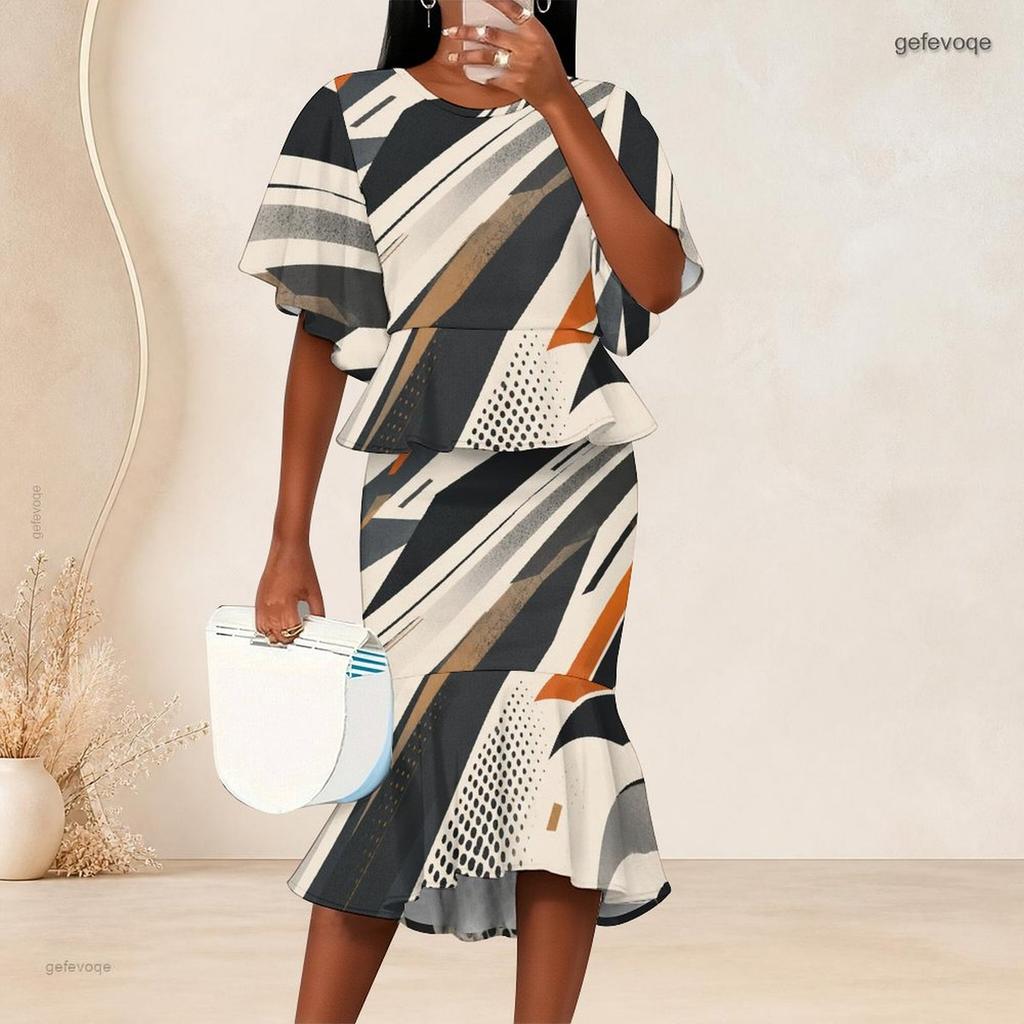 Women Plus Size Round Neck Batwing Sleeve Printed Ruffle Hem Top Fishtail Skirt Two Piece Set