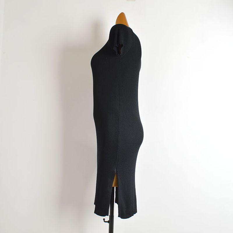 New Arrival Minimalist Solid Color and V-neck Short Sleeve Knitting Dress Women's Clothing Summer Mid Length Long Length Double Slit Bodycon Dress
