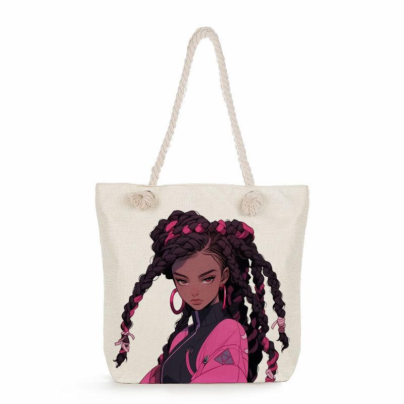 Multifunctional Black girl Printed Thick Rope Shoulder Beach Bag 7581 KTB