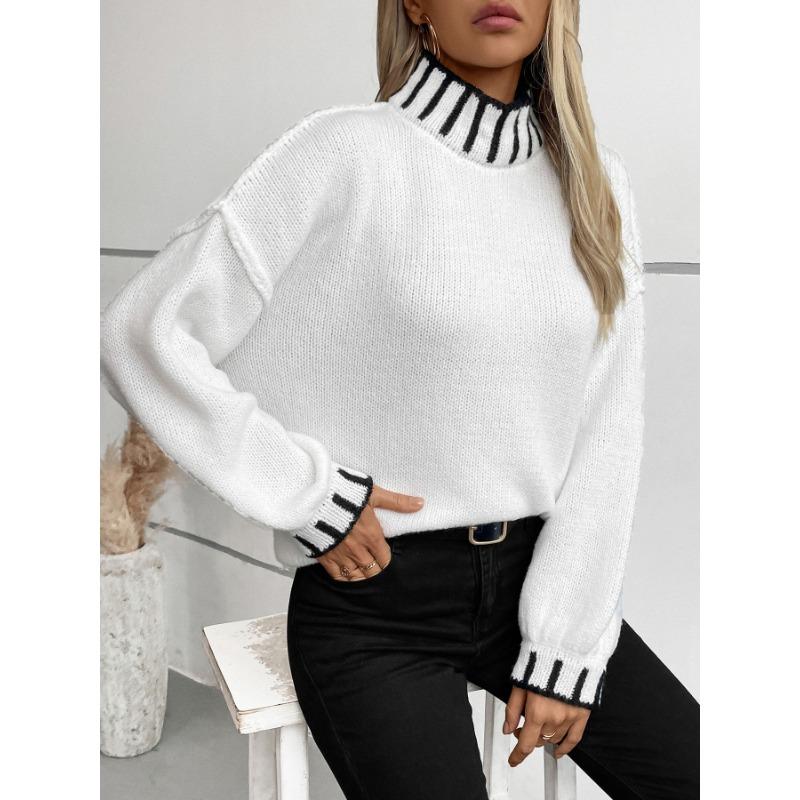 Women Loose Striped High Neck Long Sleeve Knit Pullover Casual Sweater Top