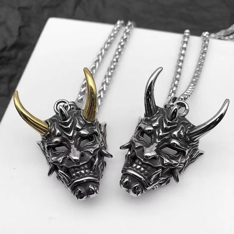 3D Carved Red-Faced Hannya Mask Pendant Necklace with Black Cotton Cord