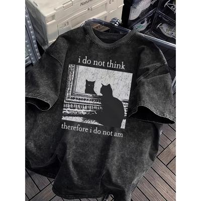 Unisex Washed Cotton Casual Loose Fit Graphic T-Shirt I Do Not Think Therefore I Do Not Am Cat Print Oversized Streetwear Summer Short Sleeve Tee