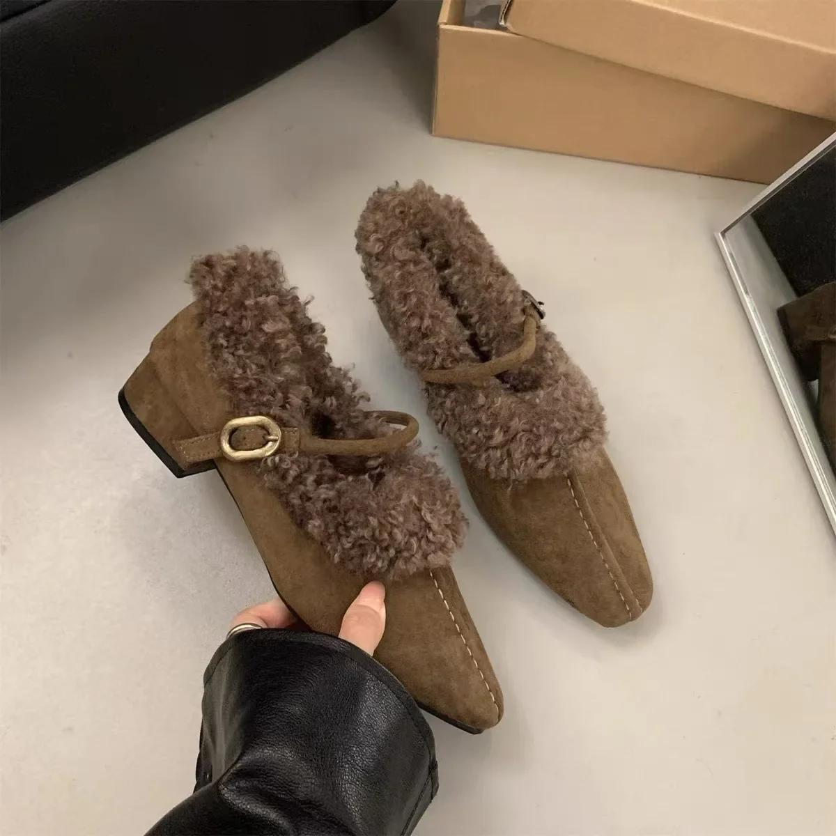 

Fashion 2025 Mary Janes Elegant Metal Buckle Woman Chic Brand Design Fur Women Low Heel Dress Shoes Ladies Winter Warm Plush Belt Pump 35 хаки