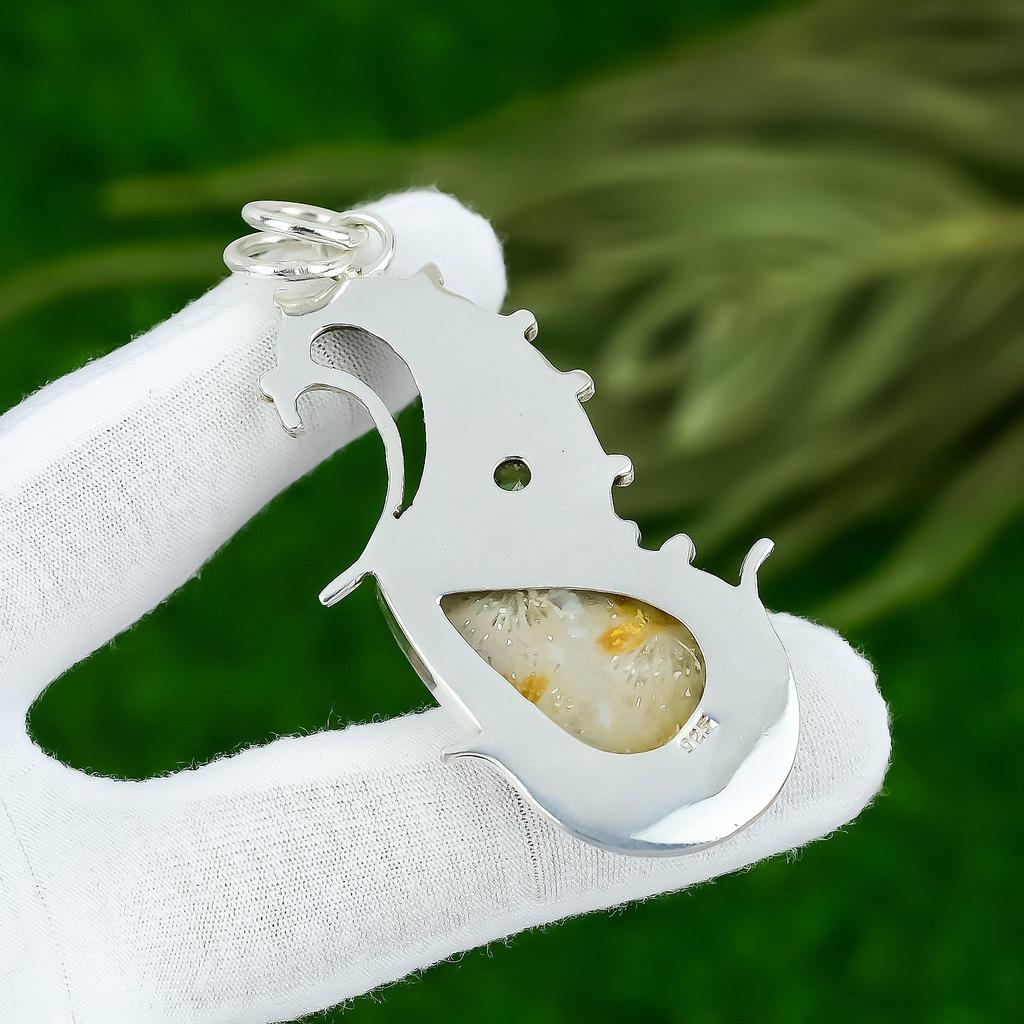 925 Silver Natural Fossil Coral Apatite Art Deco Bezel Birthday Pendant Jewelry