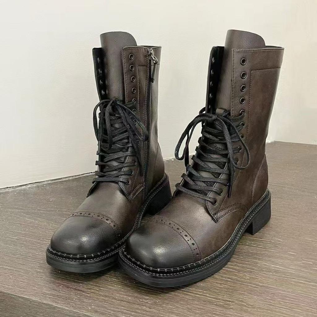 Vintage Boots Women's Western Cowboy Lace-Up Martin Boots Belt Side Zipper Knight Boots 0122