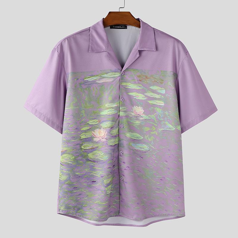 

INCERUN Oversized Men Lapel Short Sleeve Stitching Print Casual Shirts XL фиолетовый