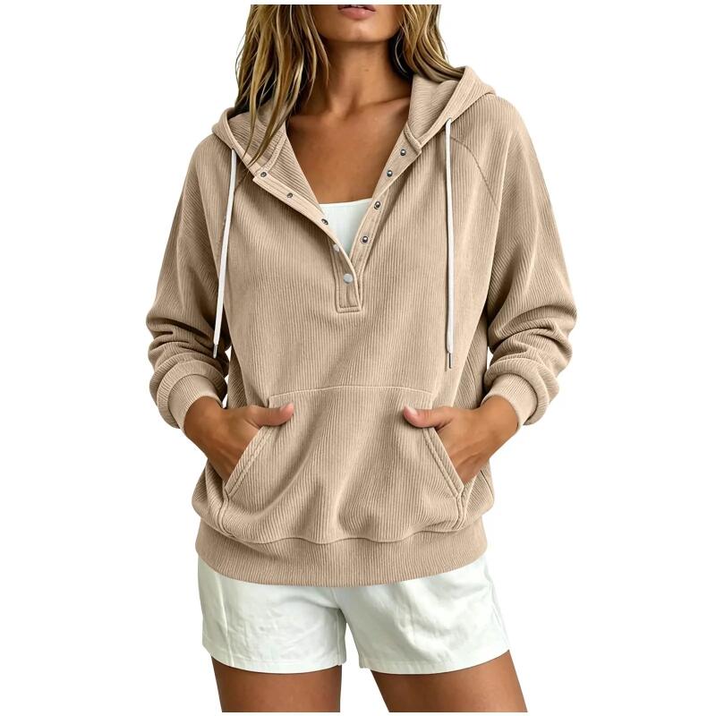 Damen Halbknopf Kapuzenpullover Kordelzug Langarm Kängurutasche Locker Lässig Pullover Einfarbige Tägliche Streetwear Sweatshirt