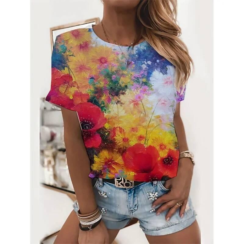 Sunflower and cat print fashionable women's oversized T-shirt