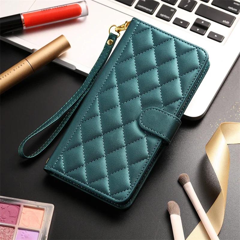 Checkered Leather Wallet Case For Samsung Galaxy S25 S24 S23 Ultra S22 S21 S20 FE S10 Note 20 10 PlusLanyard Flip Phone Cover