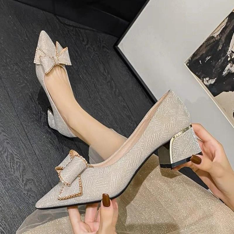 Fashion With Medium Heels Pointed Toe Shoes for Women Woman Pumps Block Heel Bow Chunky Spring Young Genuine Mark Korean Style Casual 39