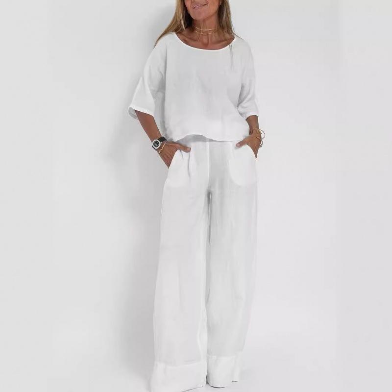 Summer Women Casual Loose-Fitting Solid Color Short-Sleeve Shirt + Cotton-Linen Pants Set