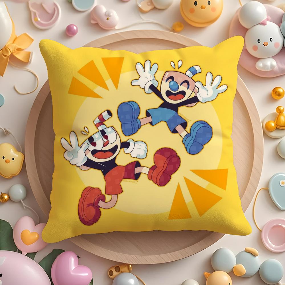 Classic Cute Game C-Cuphead Cushion Cover Plush Fabric Soft Double-Sided Printed Sofa Pillow Case Colorfast Home Decor Gift