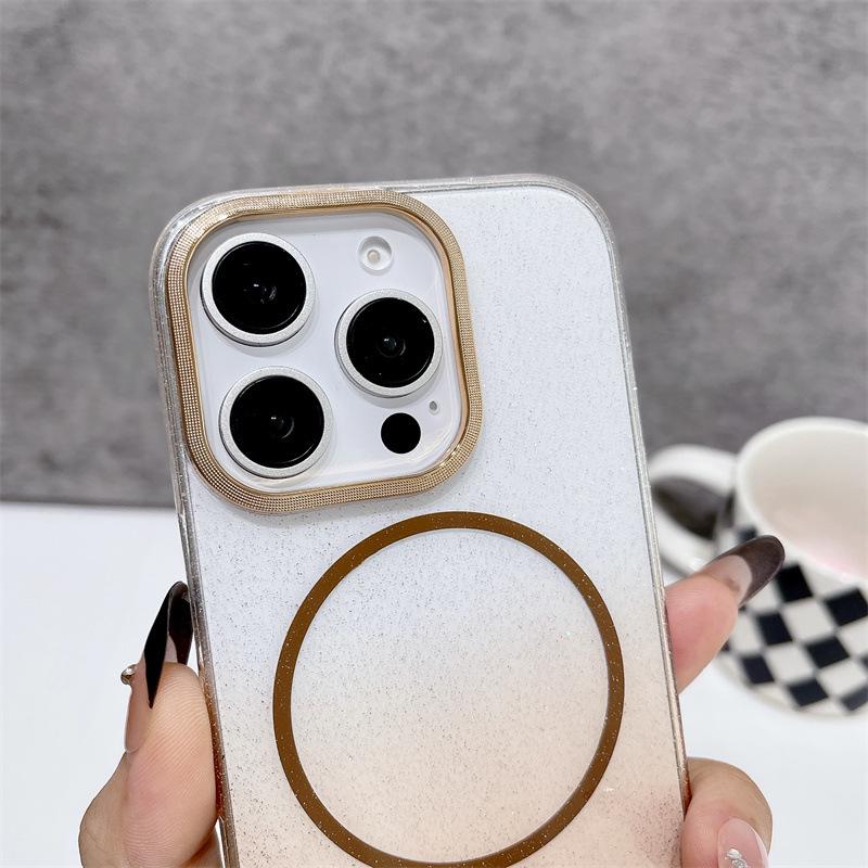 iPhone 17 Glitter Magnetic Case with Apple 16 Metal Lens Ring - 14 Pro Max Transparent Protective Cover