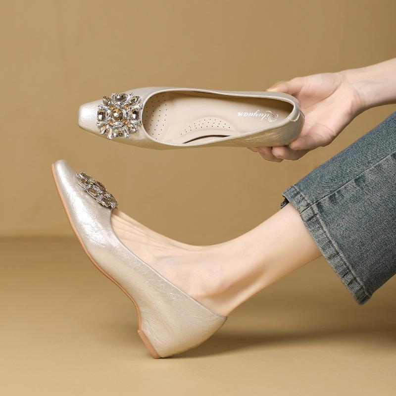 Women's Shoes Season New Rhinestone Square Head Middle Heel One Pedal Shallow High Heels Single Shoes Women