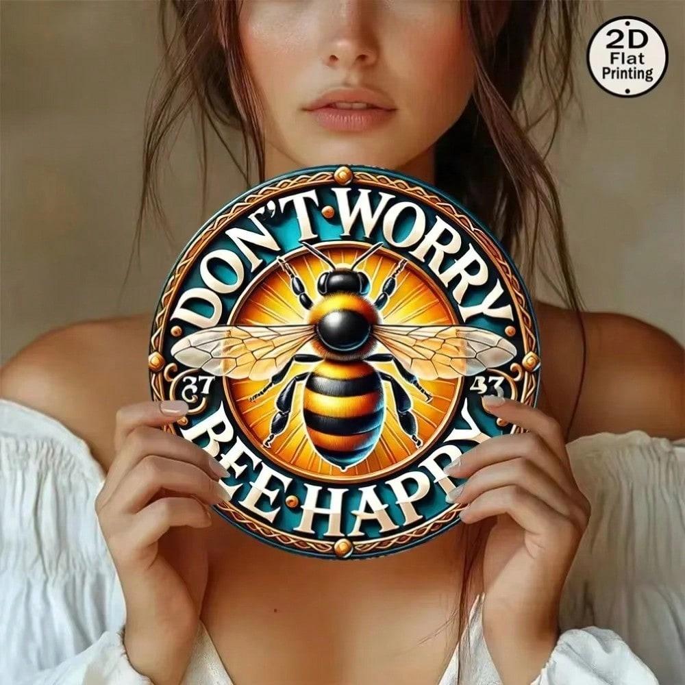 Don't Worry Bee Happy Rustic Round Metal Tin Sign Vintage Wall Art Home Decor