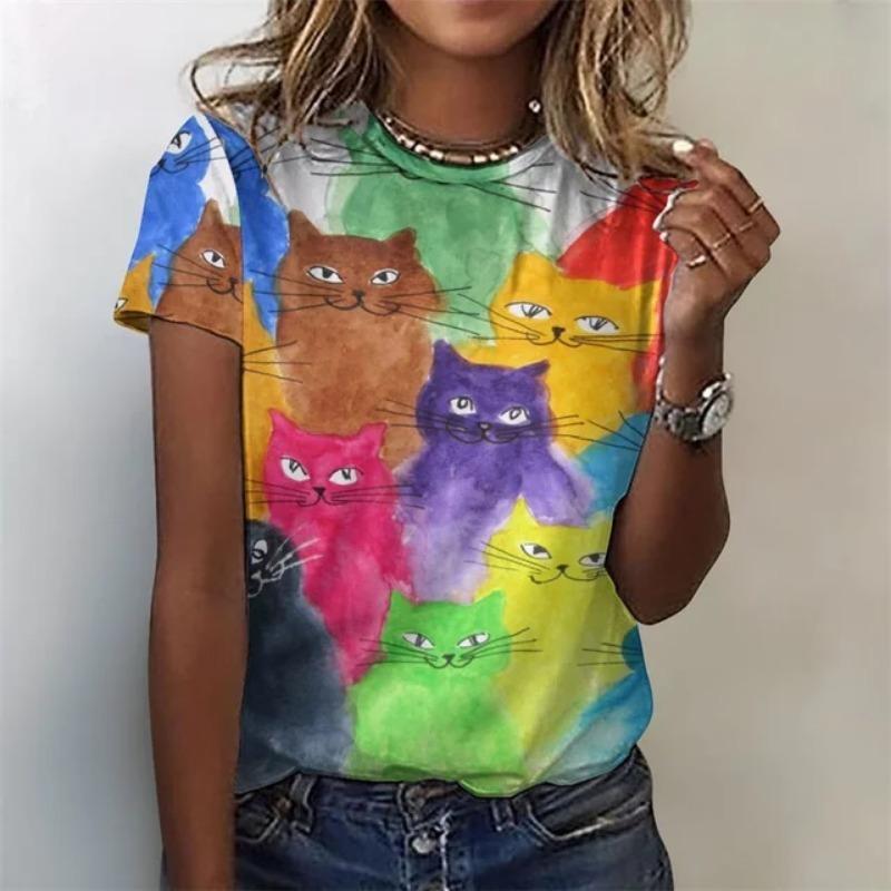 3D Printed Funny Animal T-Shirt for Women Cute Cat Graphic T Shirts Summer Harajuku Round Neck Tops Short Sleeves Loose Tees