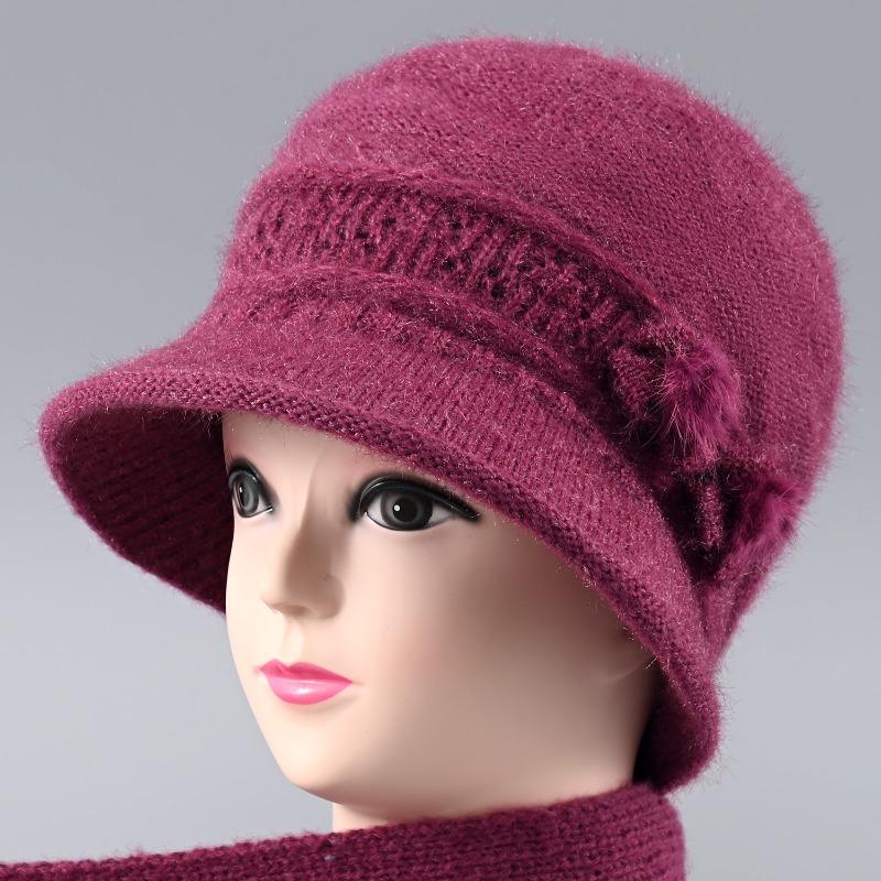 Hat Female Autumn and Winter Rabbit Hair Big Eaves Knitted Hat Old Hat Old Lady Fleece Warm Wool Hat