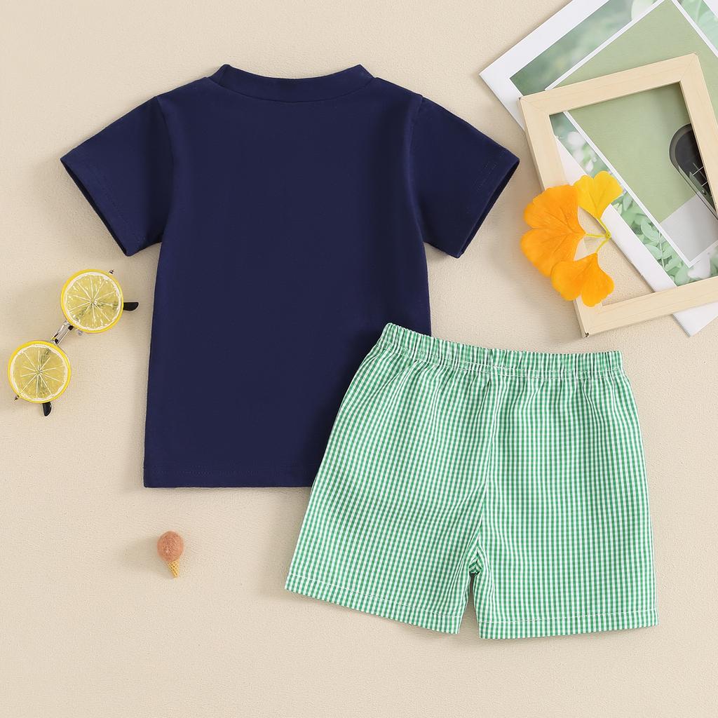 Toddler Boys Summer Outfits Golf Embroidered Round Neck Short Sleeve Tops and Elastic Waist Plaid Shorts 2Pcs Clothes Set
