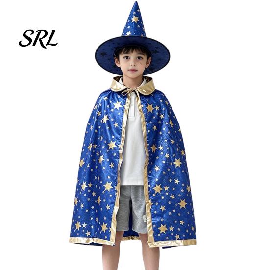 Breathable Holiday Performance Cape Kids Wizard Cloak with Hat for Boys Girls, Halloween Witch Star Pattern Costume Prop Party Cosplay Outfit,