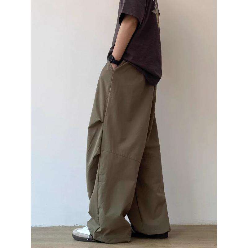 Summer Japanese Vintage Solid Color Baggy Pleated Oversize Wideleg Pants Men Women Straight Elastic Waist Casual Pants