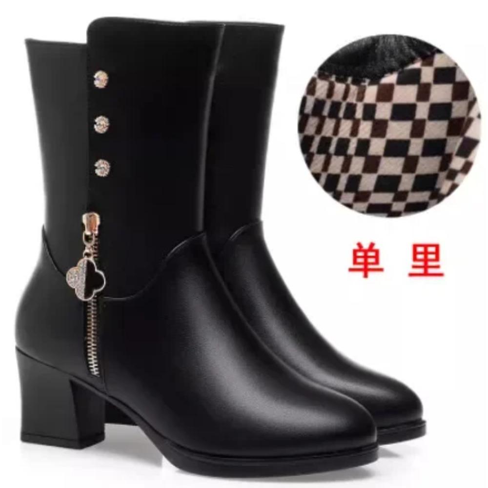 Zimní vycpané bavlněné boty Ženy Plyšová měkká kůže Dlouhá bota Teplá kožešina na vysokém podpatku Kožešina na vysokém podpatku Jezdecké boty na středním podpatku Pohodlné
